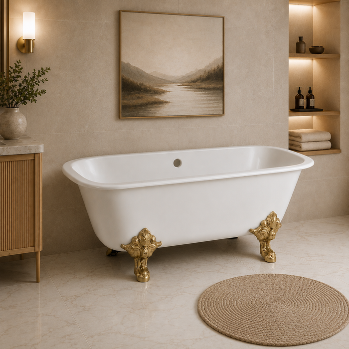 Kingston Heirloom VCTQND6732NL7 - Aqua Eden 67-Inch Cast Iron Rectangular Double Ended Clawfoot Tub (No Faucet Drillings), White/Brushed Brass