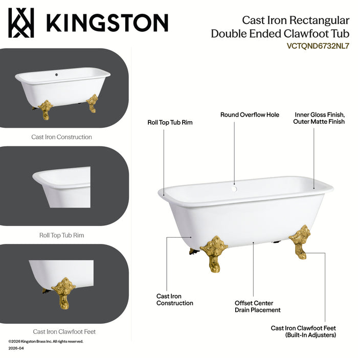 Kingston Heirloom VCTQND6732NL7 - Aqua Eden 67-Inch Cast Iron Rectangular Double Ended Clawfoot Tub (No Faucet Drillings), White/Brushed Brass