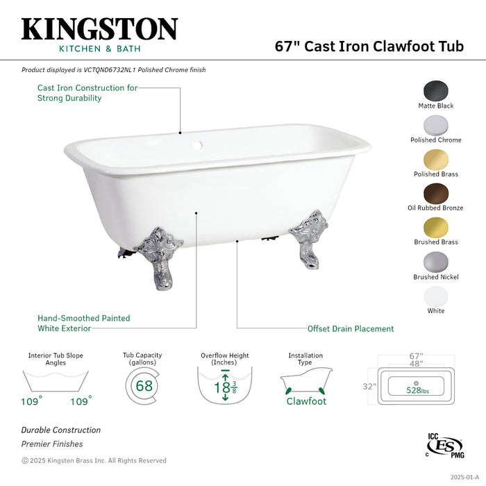 Kingston Heirloom VCTQND6732NL7 - Aqua Eden 67-Inch Cast Iron Rectangular Double Ended Clawfoot Tub (No Faucet Drillings), White/Brushed Brass