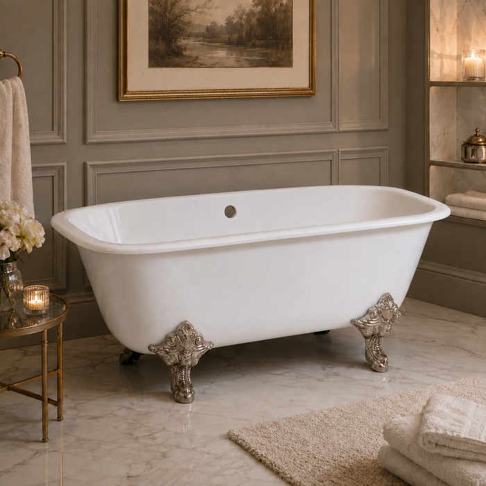 Kingston Heirloom VCTQND6732NL8 - Aqua Eden 67-Inch Cast Iron Rectangular Double Ended Clawfoot Tub (No Faucet Drillings), White/Brushed Nickel