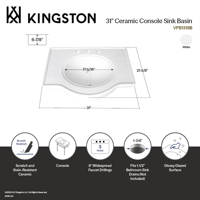 Kingston Templeton VPB1318B 31-Inch Ceramic Console Sink (8-Inch, 3-Hole), White
