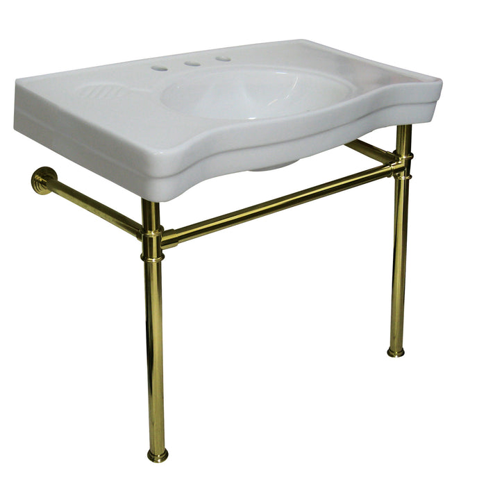 Kingston Tulare VPB1362ST - Imperial 36-Inch Ceramic Console Sink with Stainless Steel Legs (8-Inch, 3-Hole), White/Polished Brass