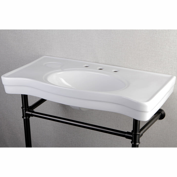 Kingston Tulare VPB1365ST - Imperial 36-Inch Ceramic Console Sink with Stainless Steel Legs (8-Inch, 3-Hole), White/Oil Rubbed Bronze