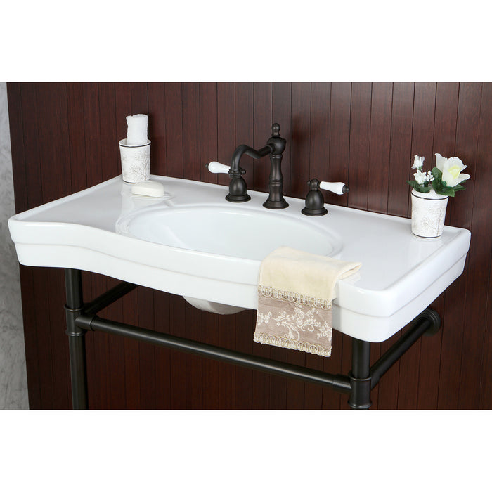Kingston Tulare VPB1365ST - Imperial 36-Inch Ceramic Console Sink with Stainless Steel Legs (8-Inch, 3-Hole), White/Oil Rubbed Bronze