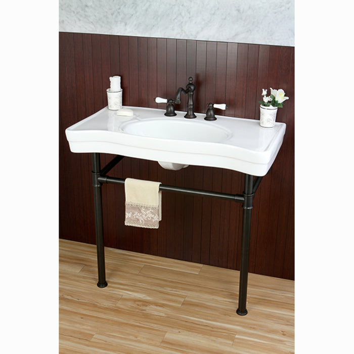Kingston Tulare VPB1365ST - Imperial 36-Inch Ceramic Console Sink with Stainless Steel Legs (8-Inch, 3-Hole), White/Oil Rubbed Bronze