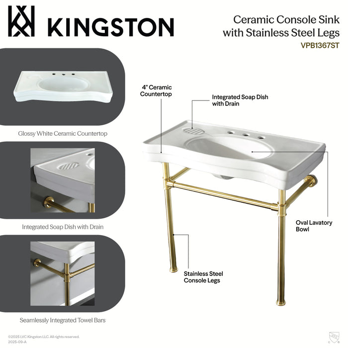Kingston Tulare VPB1367ST - Imperial 36-Inch Ceramic Console Sink with Stainless Steel Legs (8-Inch, 3-Hole), White/Brushed Brass