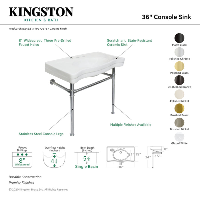 Kingston Tulare VPB1367ST - Imperial 36-Inch Ceramic Console Sink with Stainless Steel Legs (8-Inch, 3-Hole), White/Brushed Brass