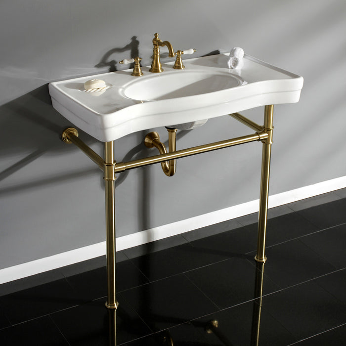 Kingston Tulare VPB1367ST - Imperial 36-Inch Ceramic Console Sink with Stainless Steel Legs (8-Inch, 3-Hole), White/Brushed Brass