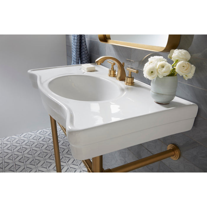 Kingston Tulare VPB1367ST - Imperial 36-Inch Ceramic Console Sink with Stainless Steel Legs (8-Inch, 3-Hole), White/Brushed Brass