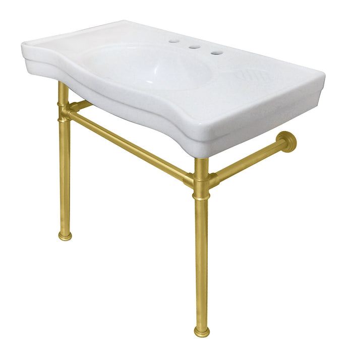 Kingston Tulare VPB1367ST - Imperial 36-Inch Ceramic Console Sink with Stainless Steel Legs (8-Inch, 3-Hole), White/Brushed Brass
