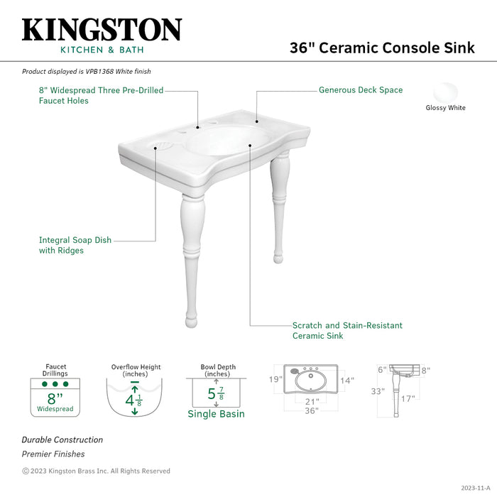 Kingston Heirloom VPB1368 - Imperial 36-Inch Ceramic Console Sink and Legs (8-Inch, 3-Hole), White