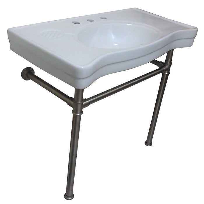 Kingston Tulare VPB1368ST - Imperial 36-Inch Ceramic Console Sink with Stainless Steel Legs (8-Inch, 3-Hole), White/Brushed Nickel