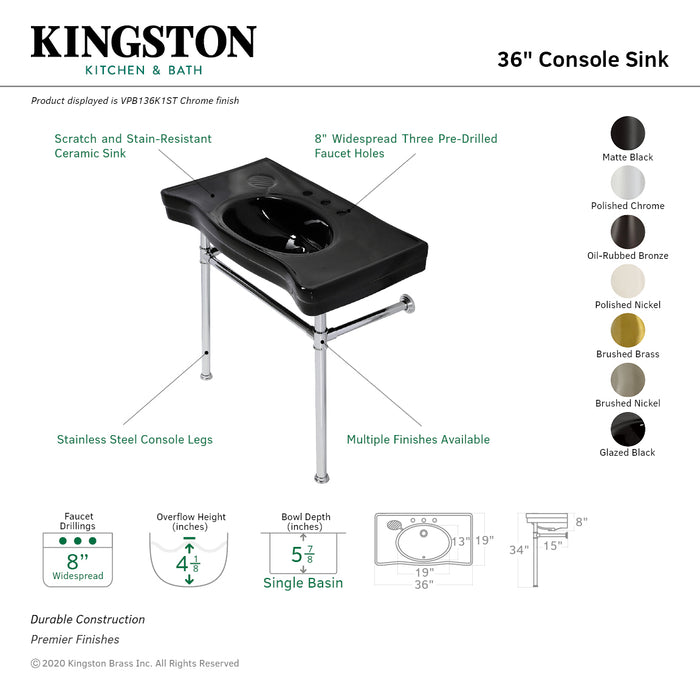 Kingston Tulare VPB136K0ST - Imperial 36-Inch Ceramic Console Sink with Stainless Steel Legs (8-Inch, 3-Hole), Black/Matte Black