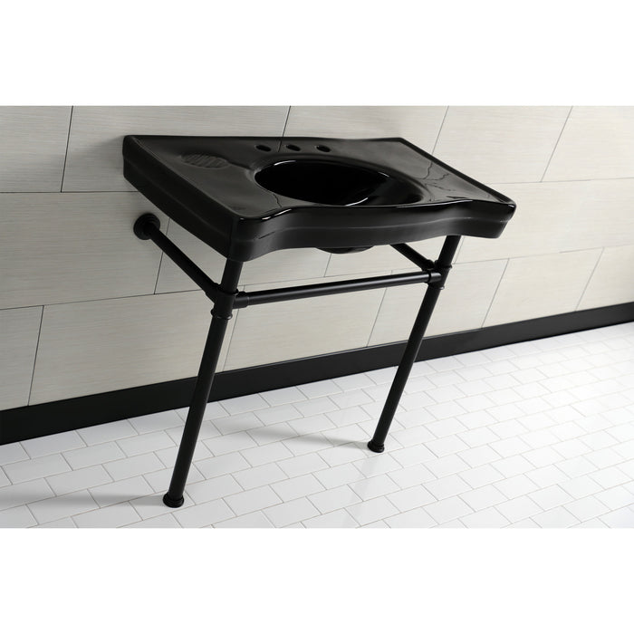 Kingston Tulare VPB136K0ST - Imperial 36-Inch Ceramic Console Sink with Stainless Steel Legs (8-Inch, 3-Hole), Black/Matte Black