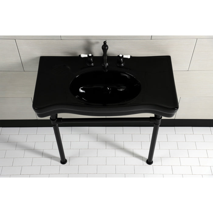 Kingston Tulare VPB136K0ST - Imperial 36-Inch Ceramic Console Sink with Stainless Steel Legs (8-Inch, 3-Hole), Black/Matte Black