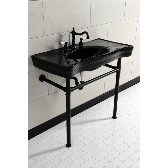 Kingston Tulare VPB136K0ST - Imperial 36-Inch Ceramic Console Sink with Stainless Steel Legs (8-Inch, 3-Hole), Black/Matte Black