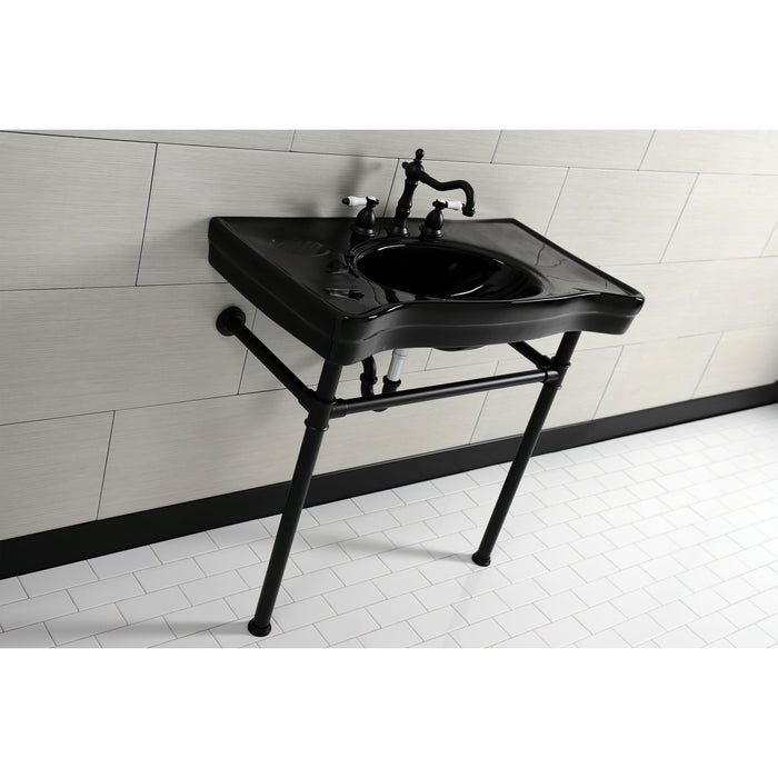 Kingston Tulare VPB136K0ST - Imperial 36-Inch Ceramic Console Sink with Stainless Steel Legs (8-Inch, 3-Hole), Black/Matte Black