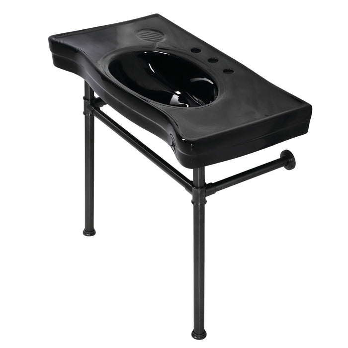 Kingston Tulare VPB136K5ST - Imperial 36-Inch Ceramic Console Sink with Stainless Steel Legs (8-Inch, 3-Hole), Black/Oil Rubbed Bronze