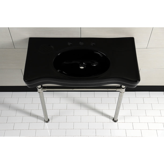 Imperial VPB136K6ST 36-Inch Ceramic Console Sink with Stainless Steel Legs (8-Inch, 3-Hole), Black/Polished Nickel