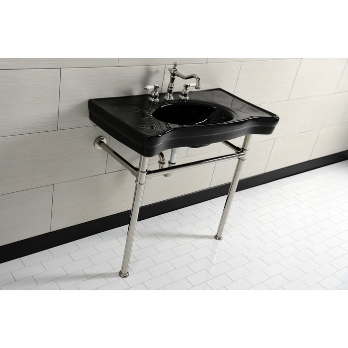 Kingston Tulare VPB136K6ST - Imperial 36-Inch Ceramic Console Sink with Stainless Steel Legs (8-Inch, 3-Hole), Black/Polished Nickel