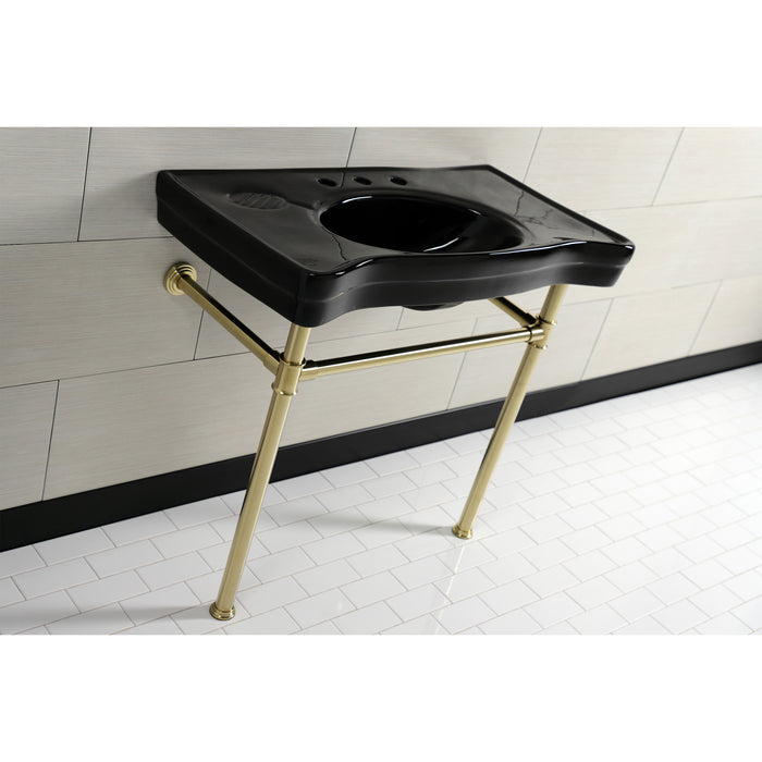 Kingston Tulare VPB136K7ST - Imperial 36-Inch Ceramic Console Sink with Stainless Steel Legs (8-Inch, 3-Hole), Black/Brushed Brass