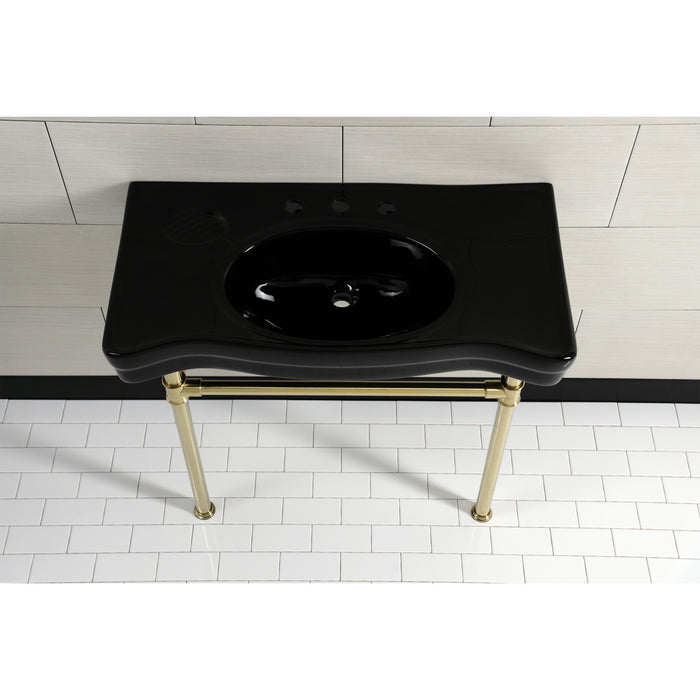 Kingston Tulare VPB136K7ST - Imperial 36-Inch Ceramic Console Sink with Stainless Steel Legs (8-Inch, 3-Hole), Black/Brushed Brass