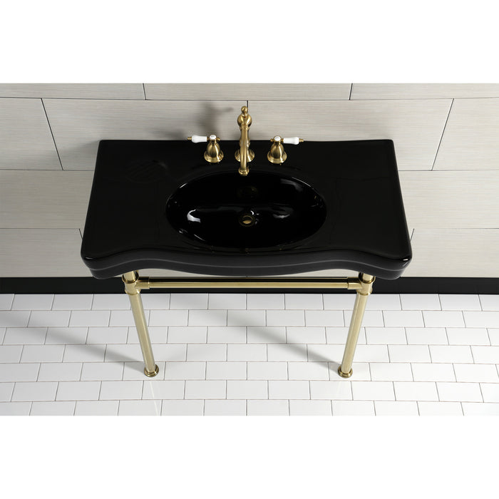 Kingston Tulare VPB136K7ST - Imperial 36-Inch Ceramic Console Sink with Stainless Steel Legs (8-Inch, 3-Hole), Black/Brushed Brass
