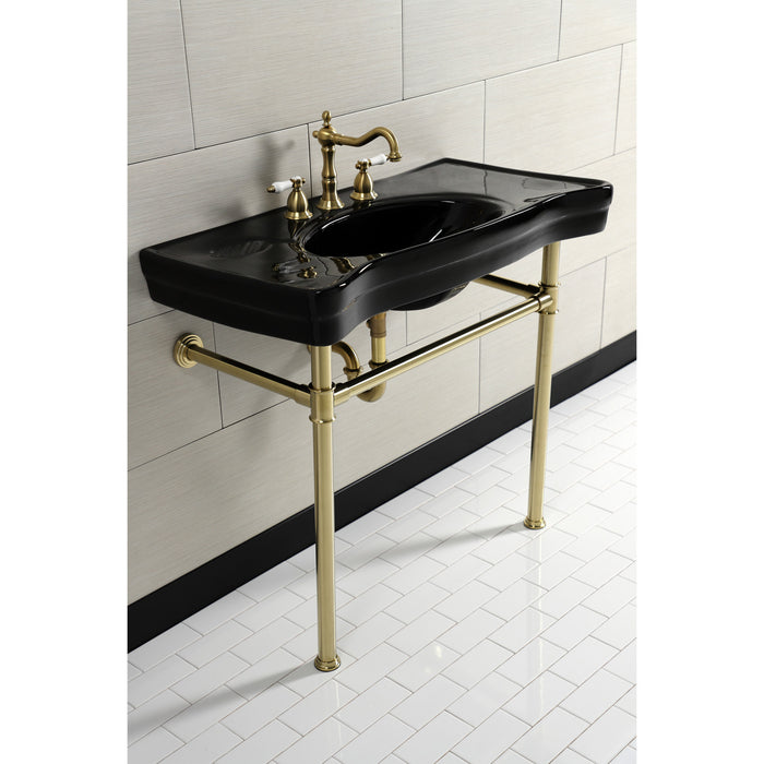 Kingston Tulare VPB136K7ST - Imperial 36-Inch Ceramic Console Sink with Stainless Steel Legs (8-Inch, 3-Hole), Black/Brushed Brass