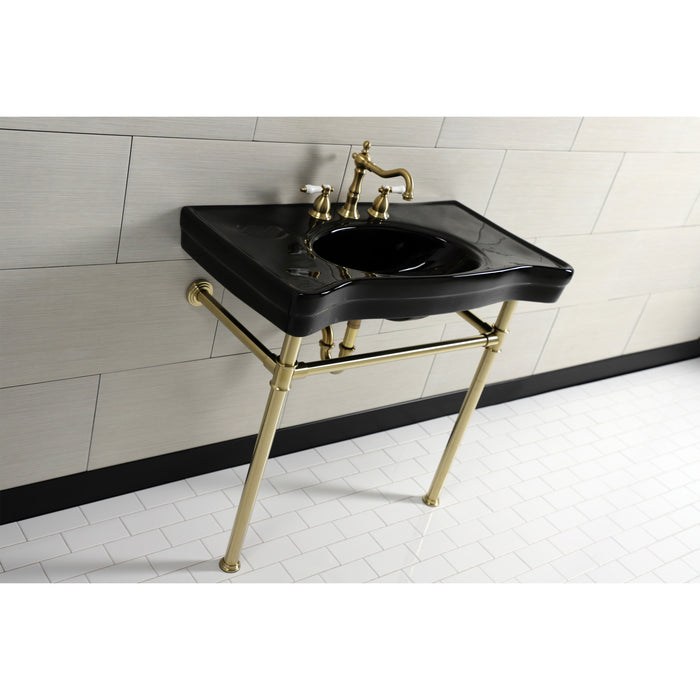 Kingston Tulare VPB136K7ST - Imperial 36-Inch Ceramic Console Sink with Stainless Steel Legs (8-Inch, 3-Hole), Black/Brushed Brass