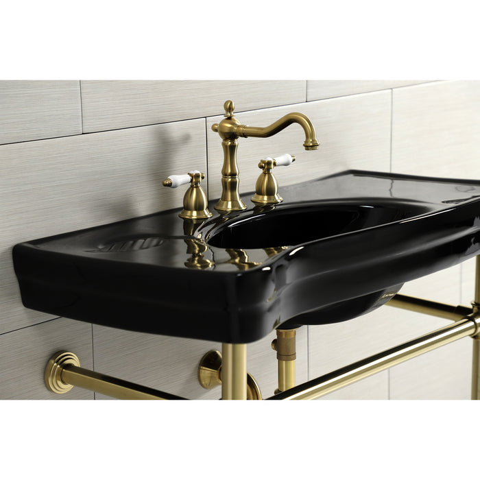 Kingston Tulare VPB136K7ST - Imperial 36-Inch Ceramic Console Sink with Stainless Steel Legs (8-Inch, 3-Hole), Black/Brushed Brass