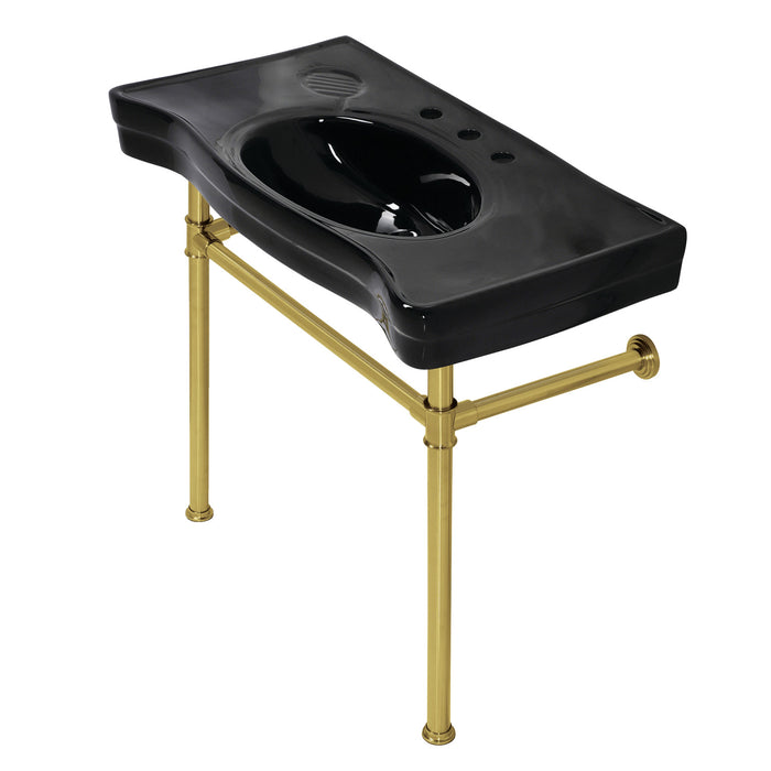 Kingston Tulare VPB136K7ST - Imperial 36-Inch Ceramic Console Sink with Stainless Steel Legs (8-Inch, 3-Hole), Black/Brushed Brass