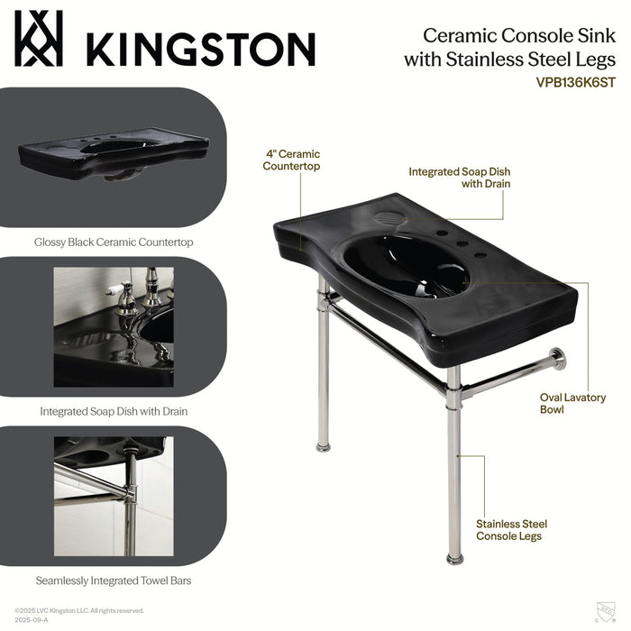 Kingston Tulare VPB136K8ST - Imperial 36-Inch Ceramic Console Sink with Stainless Steel Legs (8-Inch, 3-Hole), Black/Brushed Nickel