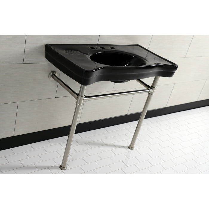 Kingston Tulare VPB136K8ST - Imperial 36-Inch Ceramic Console Sink with Stainless Steel Legs (8-Inch, 3-Hole), Black/Brushed Nickel