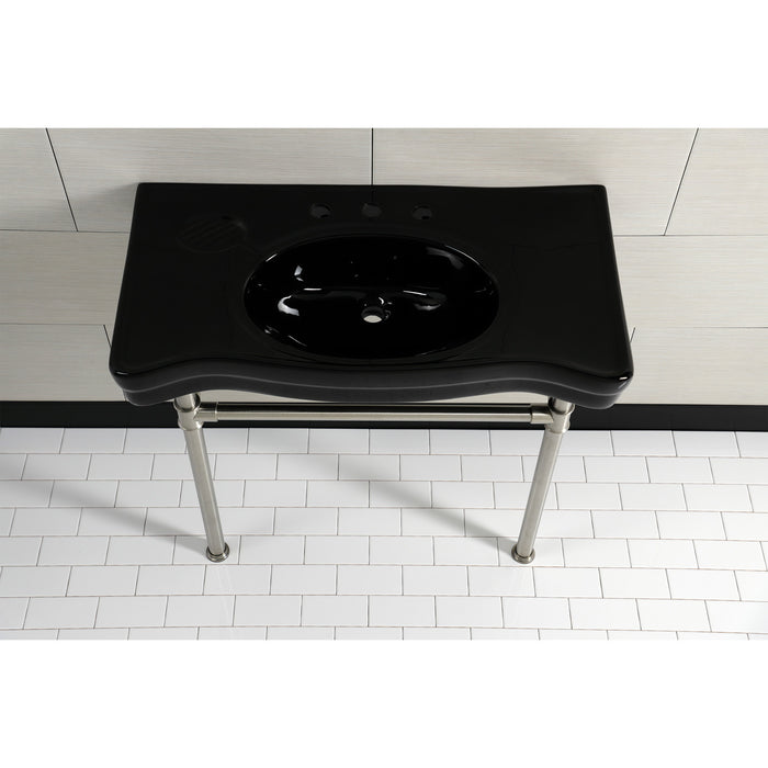 Kingston Tulare VPB136K8ST - Imperial 36-Inch Ceramic Console Sink with Stainless Steel Legs (8-Inch, 3-Hole), Black/Brushed Nickel