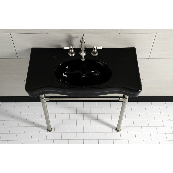 Kingston Tulare VPB136K8ST - Imperial 36-Inch Ceramic Console Sink with Stainless Steel Legs (8-Inch, 3-Hole), Black/Brushed Nickel