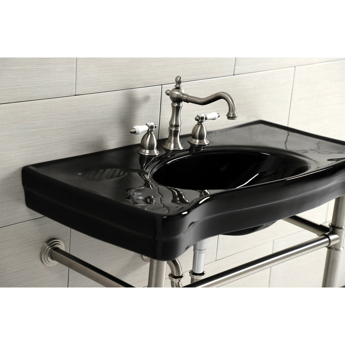Kingston Tulare VPB136K8ST - Imperial 36-Inch Ceramic Console Sink with Stainless Steel Legs (8-Inch, 3-Hole), Black/Brushed Nickel