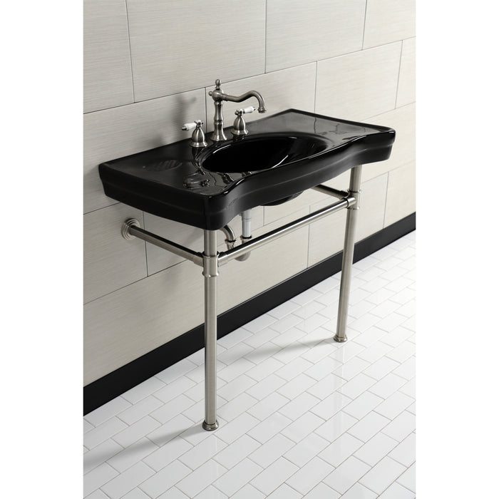 Kingston Tulare VPB136K8ST - Imperial 36-Inch Ceramic Console Sink with Stainless Steel Legs (8-Inch, 3-Hole), Black/Brushed Nickel
