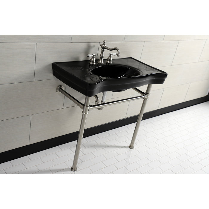 Kingston Tulare VPB136K8ST - Imperial 36-Inch Ceramic Console Sink with Stainless Steel Legs (8-Inch, 3-Hole), Black/Brushed Nickel