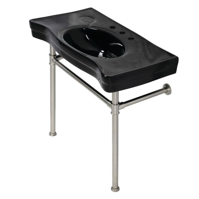 Kingston Tulare VPB136K8ST - Imperial 36-Inch Ceramic Console Sink with Stainless Steel Legs (8-Inch, 3-Hole), Black/Brushed Nickel