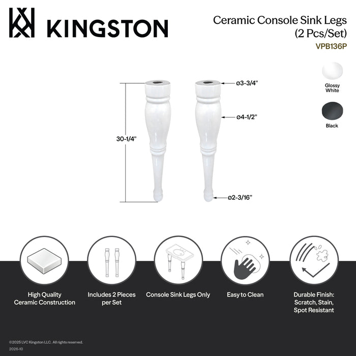 Kingston Heirloom VPB136P - Imperial Ceramic Console Sink Legs (2 Pcs/Set), White