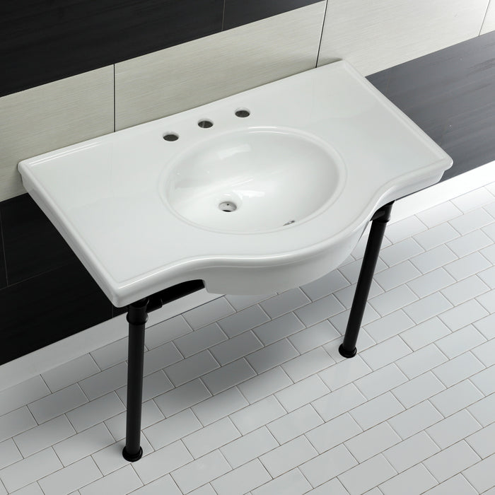Kingston Tulare VPB1370ST - Templeton 37-Inch Ceramic Console Sink with Stainless Steel Legs (8-Inch, 3-Hole), White/Matte Black
