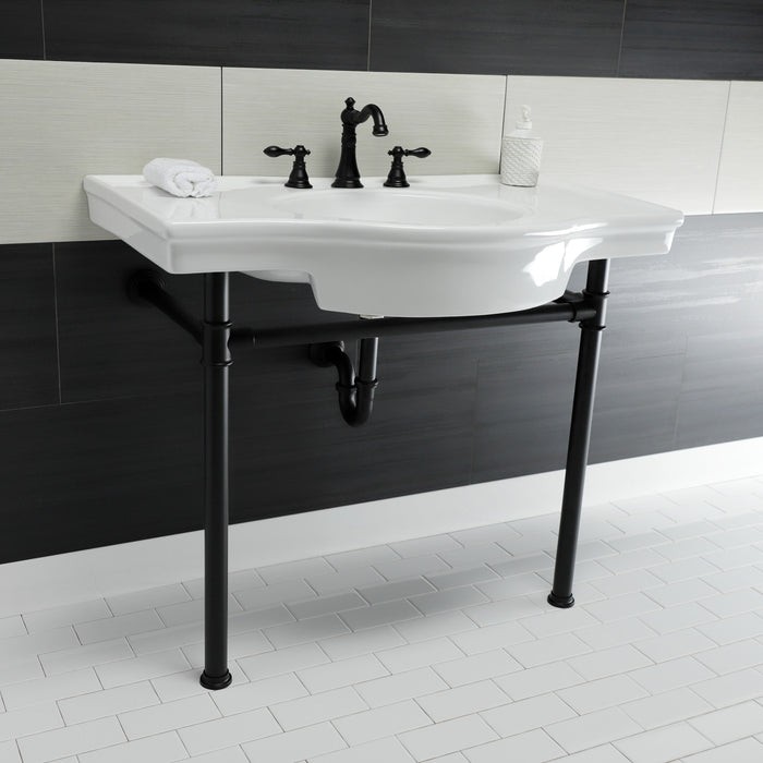 Kingston Tulare VPB1370ST - Templeton 37-Inch Ceramic Console Sink with Stainless Steel Legs (8-Inch, 3-Hole), White/Matte Black