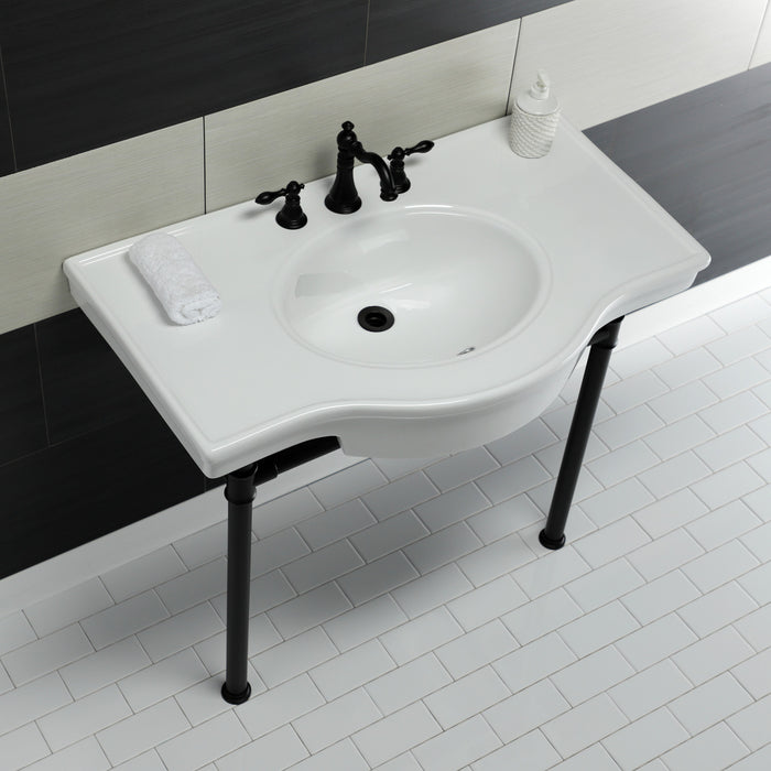 Kingston Tulare VPB1370ST - Templeton 37-Inch Ceramic Console Sink with Stainless Steel Legs (8-Inch, 3-Hole), White/Matte Black