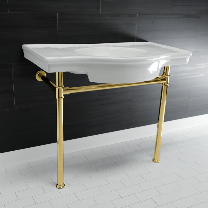 Kingston Tulare VPB1372ST - Templeton 37-Inch Ceramic Console Sink with Stainless Steel Legs (8-Inch, 3-Hole), White/Polished Brass