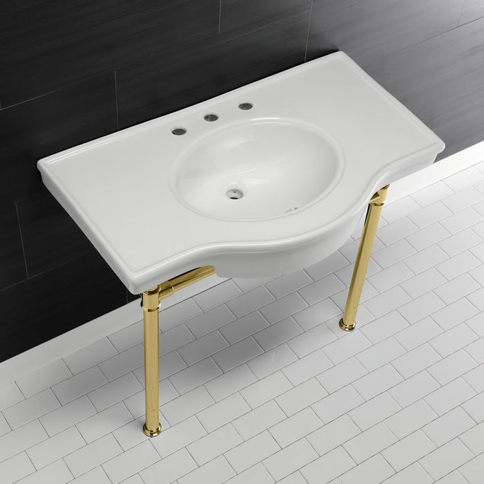 Kingston Tulare VPB1372ST - Templeton 37-Inch Ceramic Console Sink with Stainless Steel Legs (8-Inch, 3-Hole), White/Polished Brass