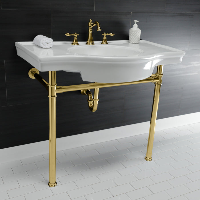 Kingston Tulare VPB1372ST - Templeton 37-Inch Ceramic Console Sink with Stainless Steel Legs (8-Inch, 3-Hole), White/Polished Brass