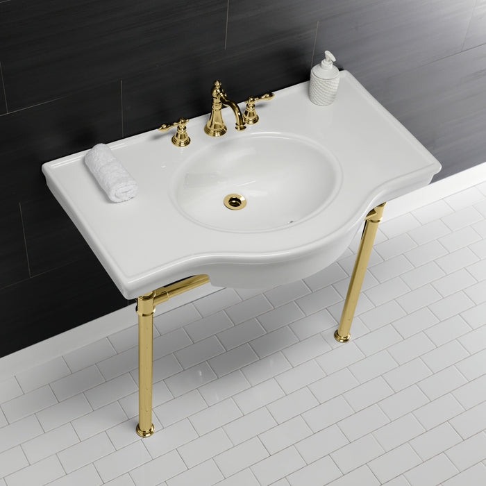 Kingston Tulare VPB1372ST - Templeton 37-Inch Ceramic Console Sink with Stainless Steel Legs (8-Inch, 3-Hole), White/Polished Brass
