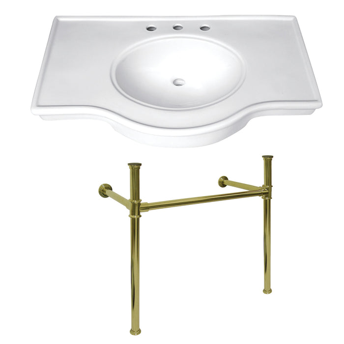 Kingston Tulare VPB1372ST - Templeton 37-Inch Ceramic Console Sink with Stainless Steel Legs (8-Inch, 3-Hole), White/Polished Brass