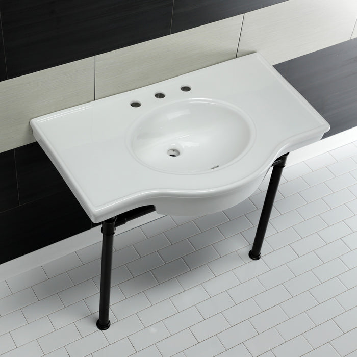 Kingston Tulare VPB1375ST - Templeton 37-Inch Ceramic Console Sink with Stainless Steel Legs (8-Inch, 3-Hole), White/Oil Rubbed Bronze