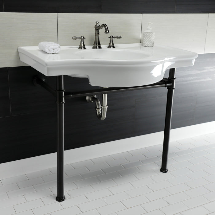 Kingston Tulare VPB1375ST - Templeton 37-Inch Ceramic Console Sink with Stainless Steel Legs (8-Inch, 3-Hole), White/Oil Rubbed Bronze